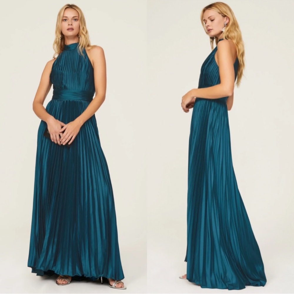 Mac Duggal Teal Pleated Halter Maxi Dress